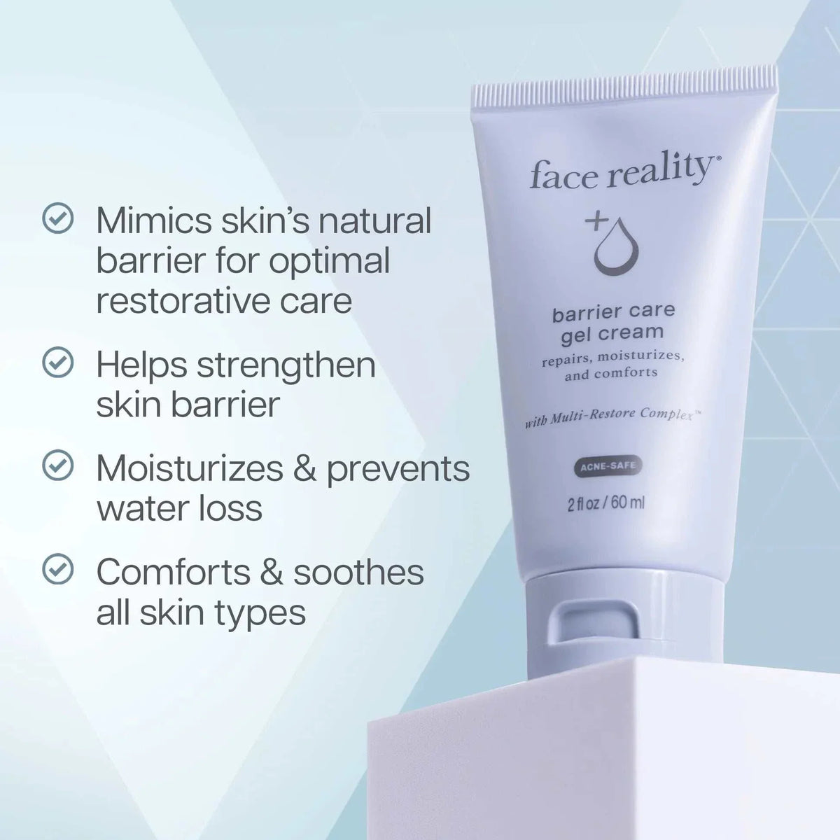 Barrier Care Gel Cream jar with description of skin barrier repair and hydration benefits
