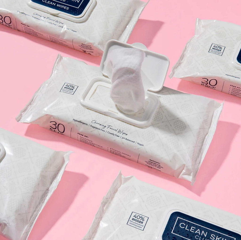 Clean Wipes double-sized thick face wipes with soothing chamomile and antioxidants for gentle exfoliation and makeup removal