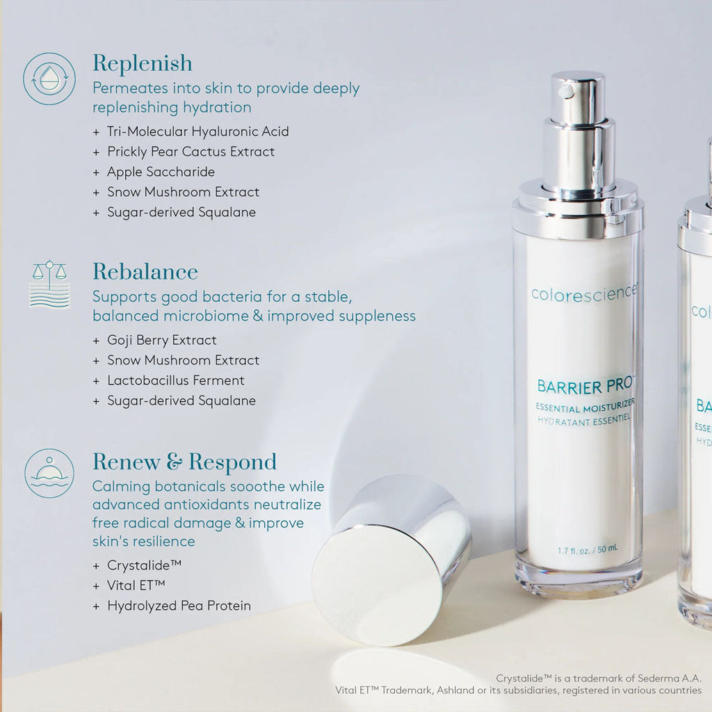 Colorescience Barrier Pro Essential Moisturizer pump bottle with ingredient benefits listed on a light blue background.