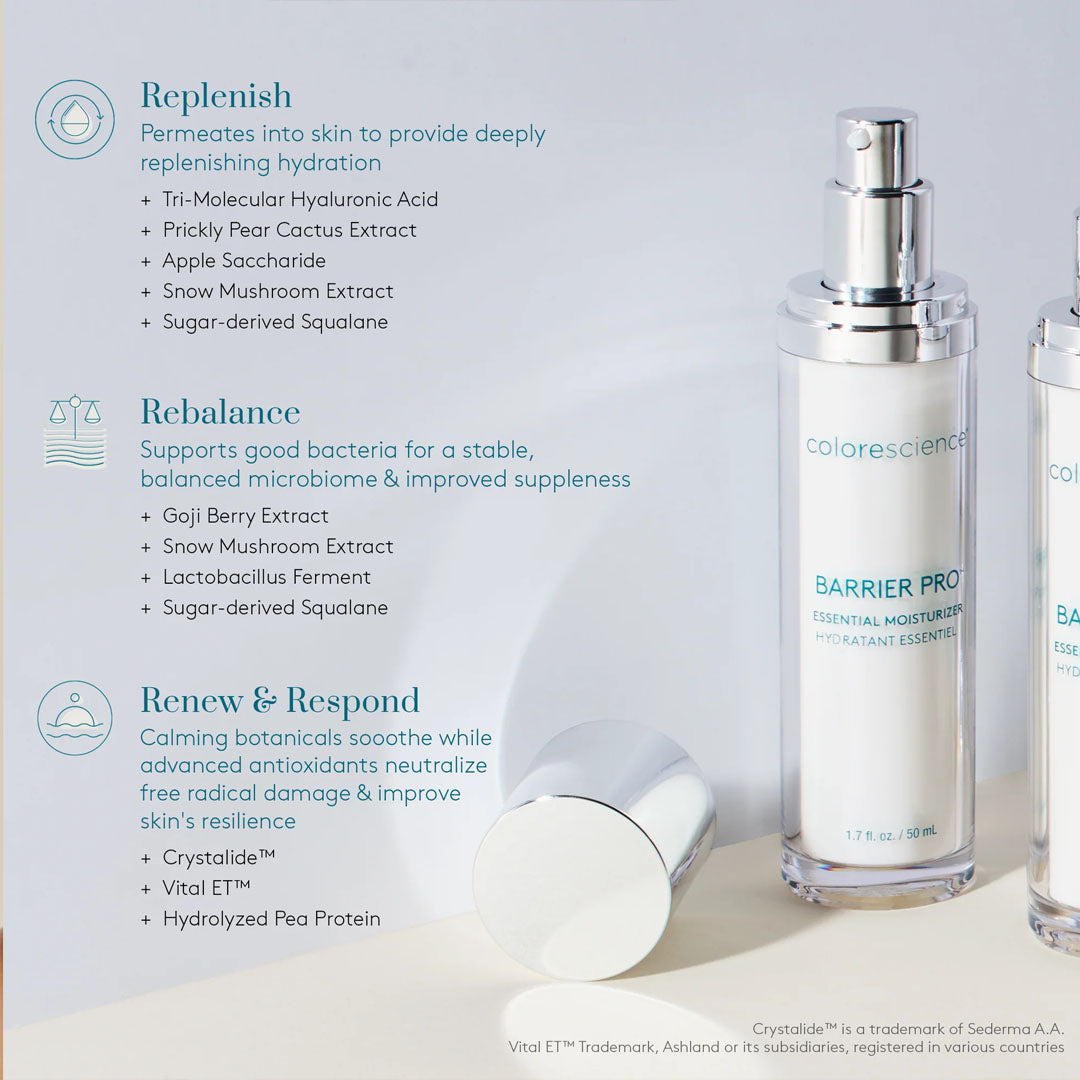 Colorescience Barrier Pro Essential Moisturizer pump bottle with ingredient benefits listed on a light blue background.