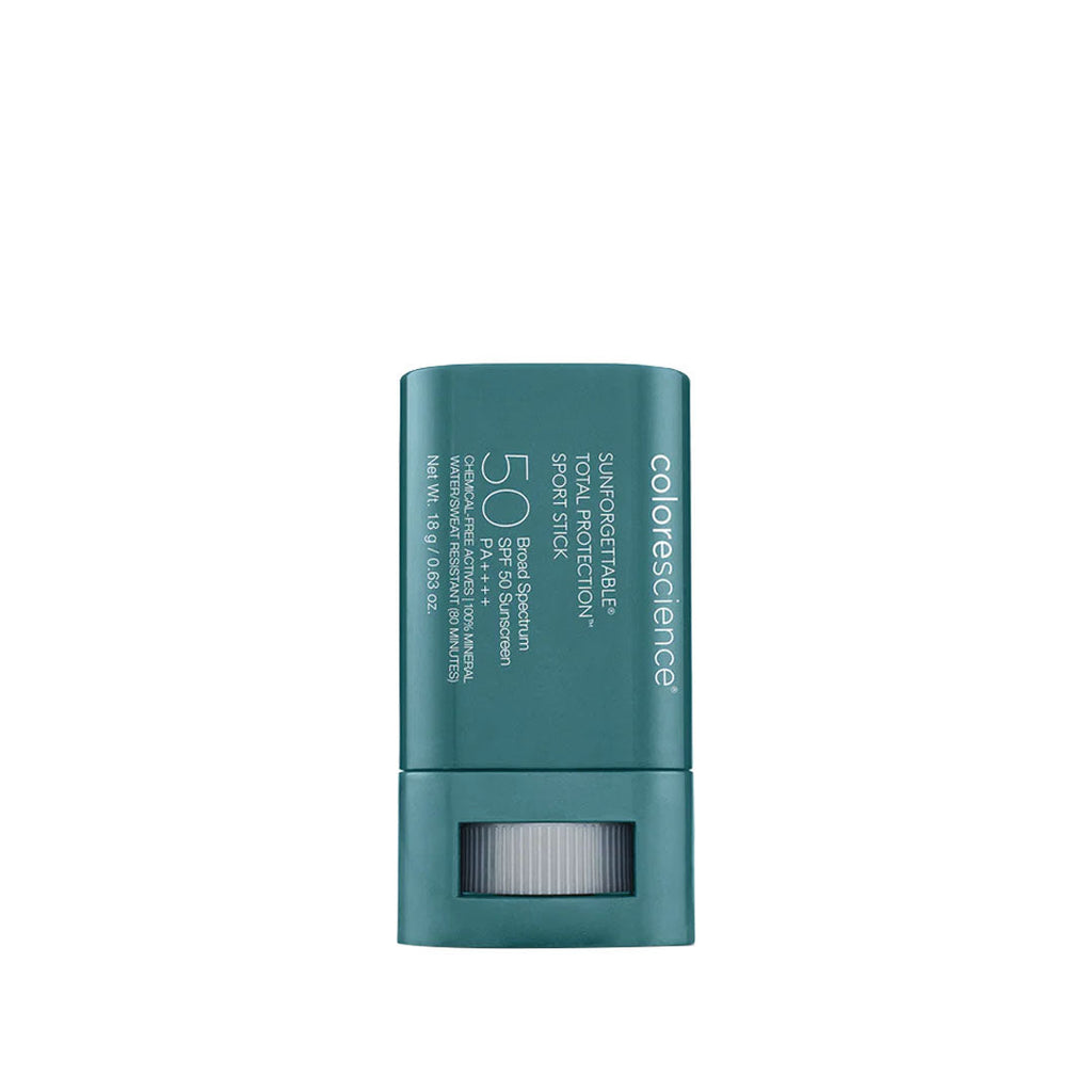 Teal Colorescience Sunforgettable Total Protection SPF 50 sport sunscreen stick in a compact twist-up tube.