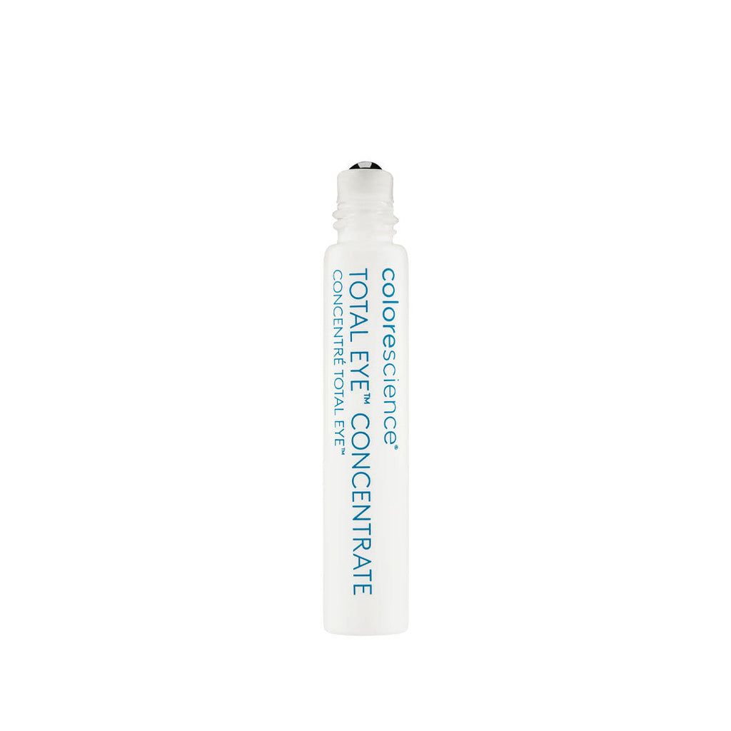 Colorescience Total Eye Concentrate serum in a slim white tube with a metal rollerball applicator.
