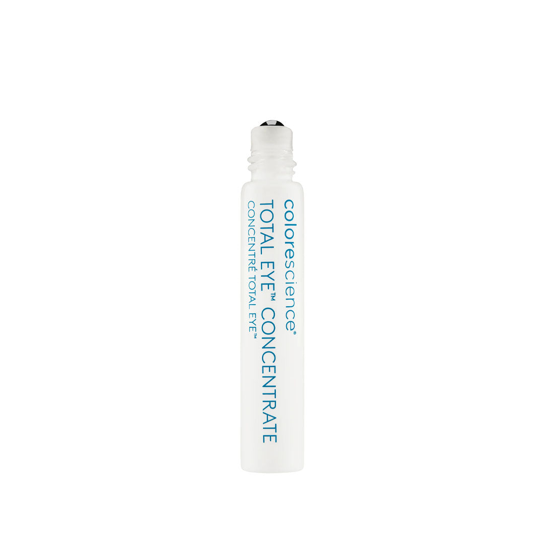 Colorescience Total Eye Concentrate serum in a slim white tube with a metal rollerball applicator.