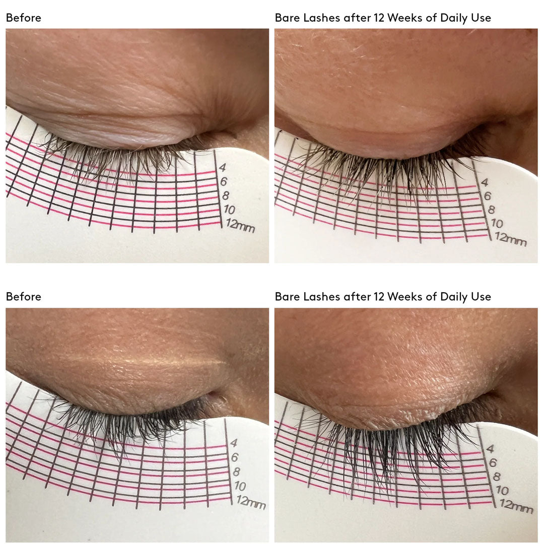 Before and after comparison of bare lashes showing increased length and density after 12 weeks of Total Lash serum use.