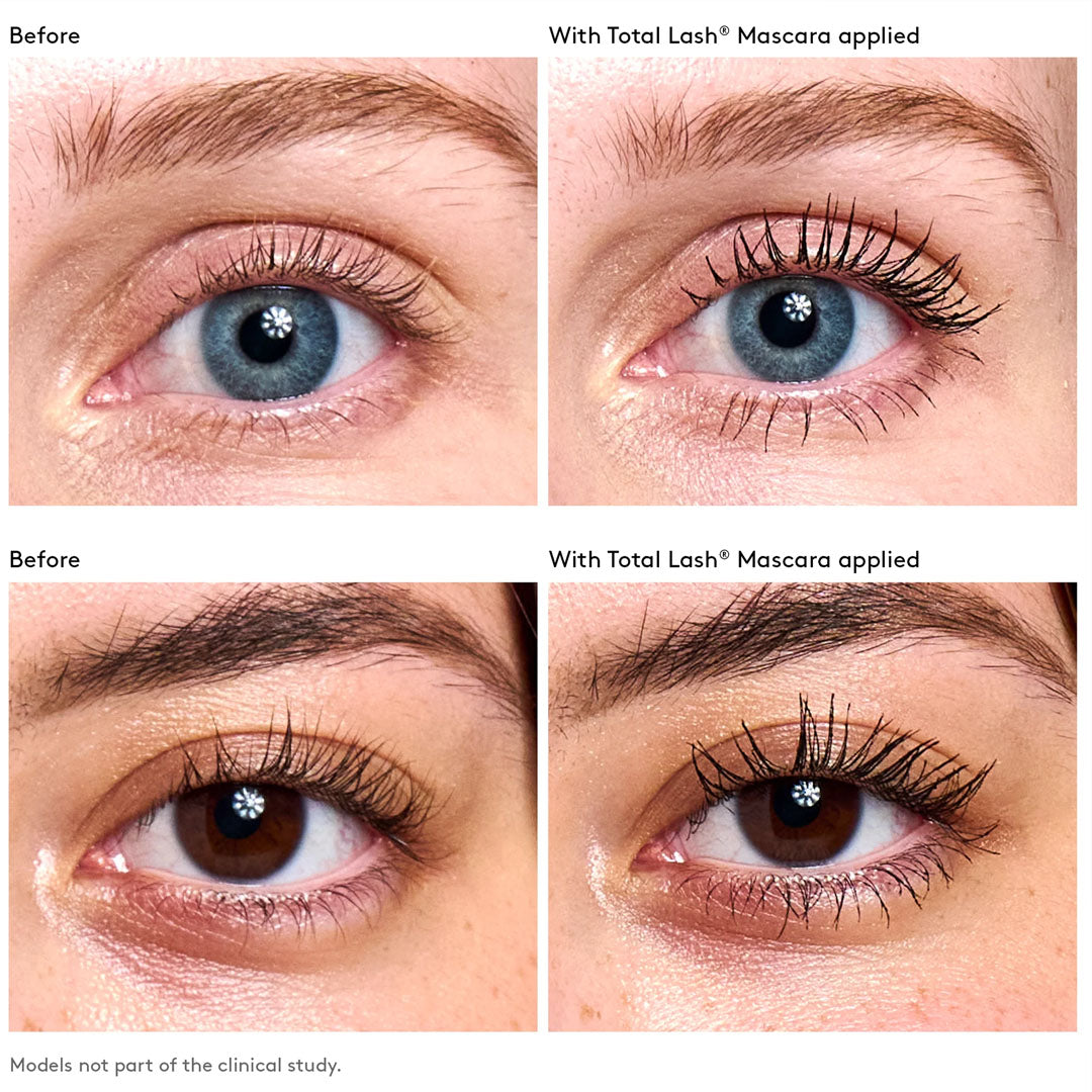 Before and after comparison of eyes showing longer, fuller lashes after applying black Total Lash Serum Mascara.