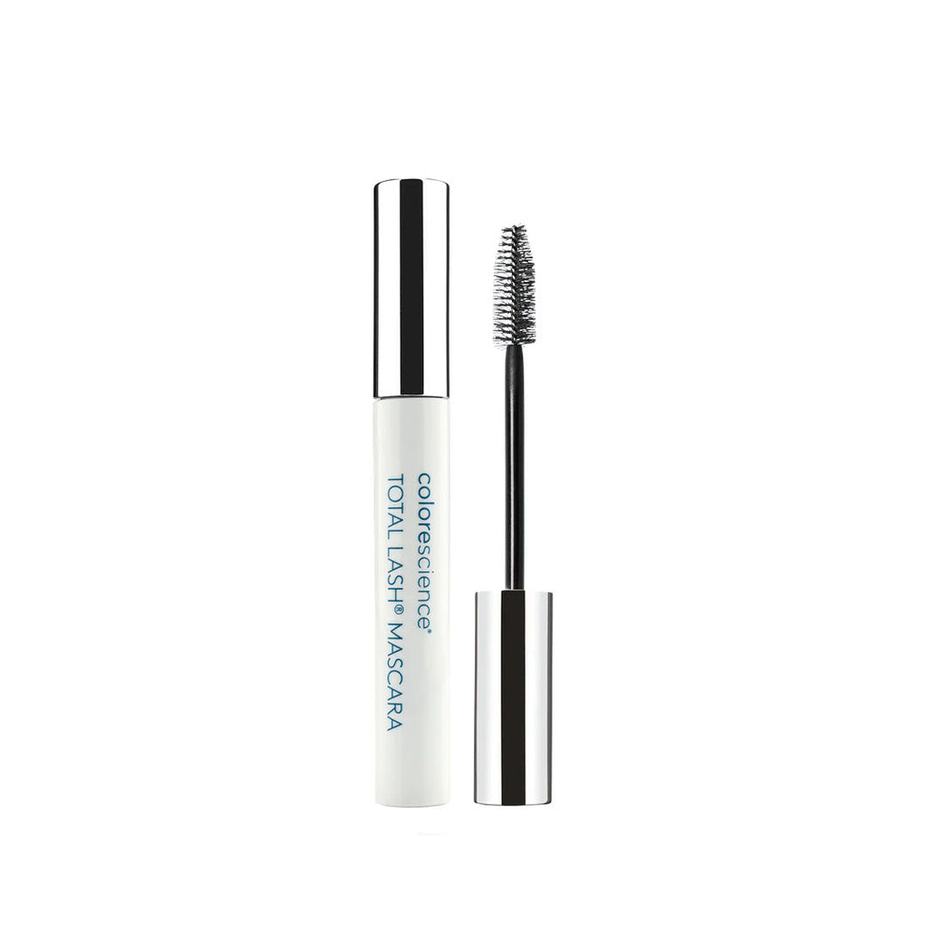 Colorescience Total Lash Serum Mascara in a white tube with a silver cap and a black mascara wand applicator.
