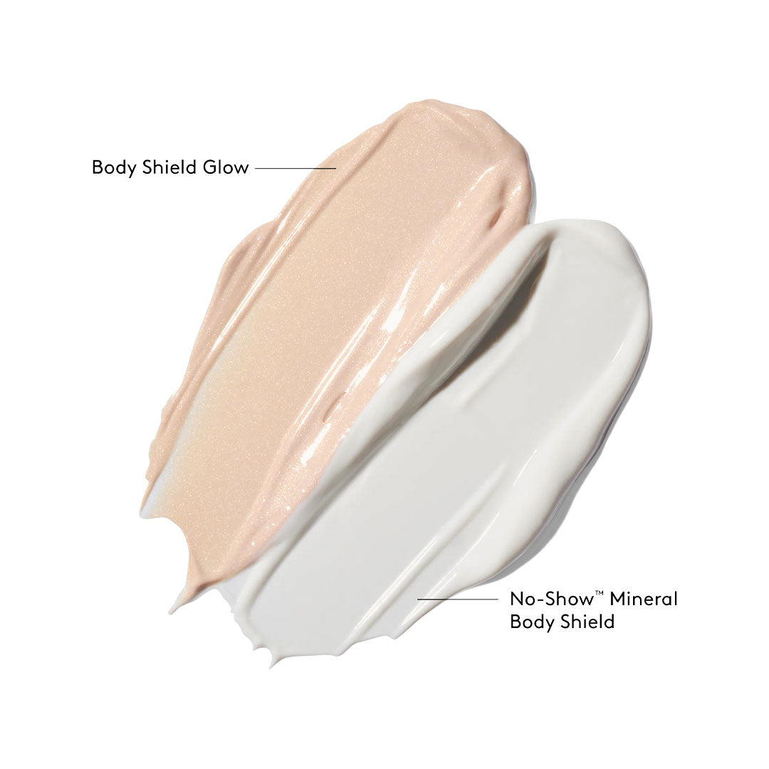 Two side-by-side cream swatches: a shimmering, light-reflecting Body Shield Glow and a smooth, white No-Show Mineral Body Shield.