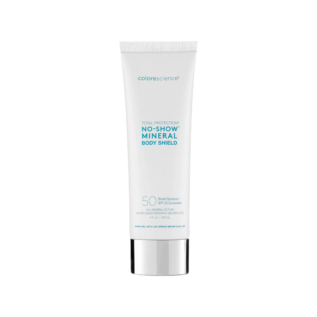 White 4 fl. oz. tube of Colorescience Total Protection No-Show Mineral Body Shield SPF 50 sunscreen with silver cap.