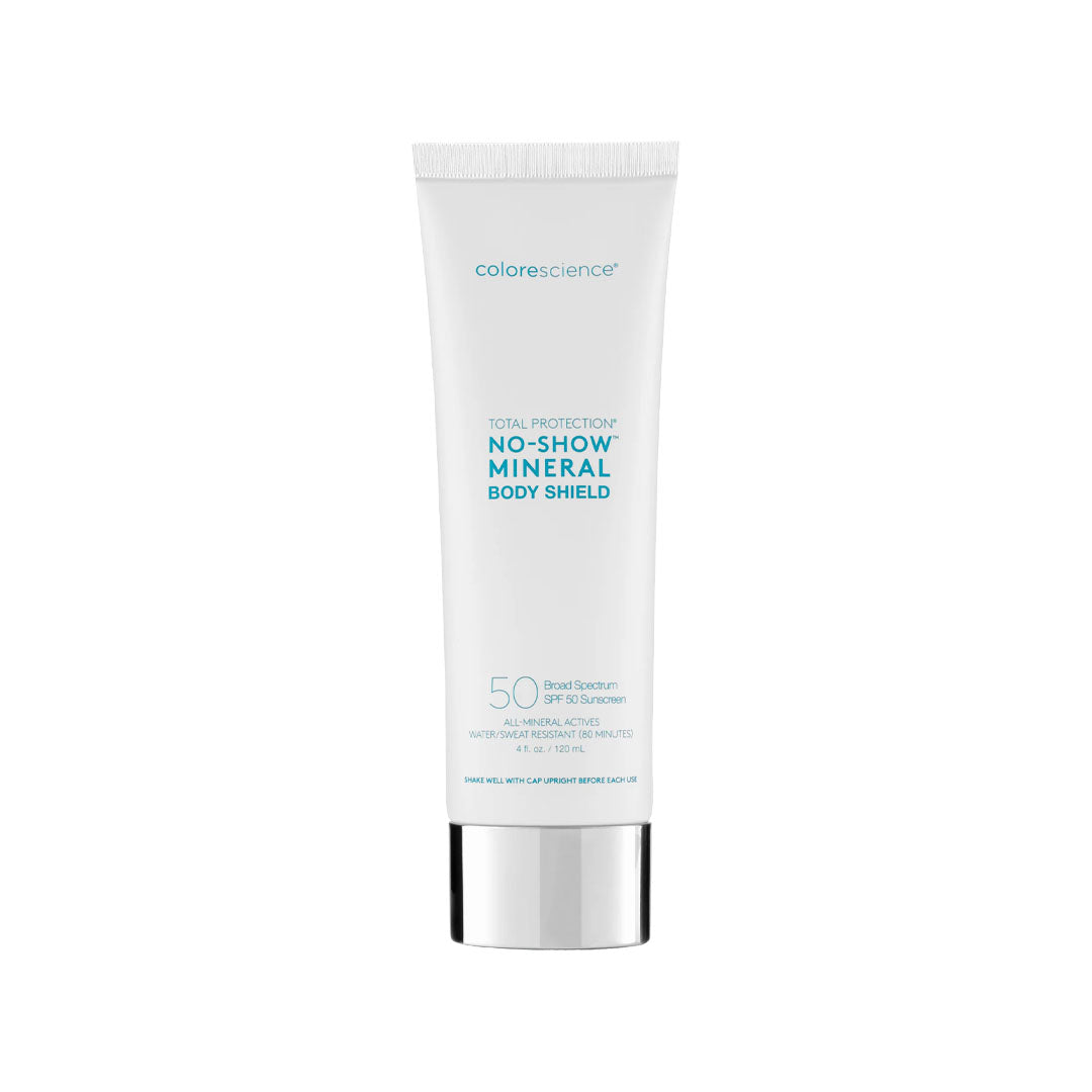 White 4 fl. oz. tube of Colorescience Total Protection No-Show Mineral Body Shield SPF 50 sunscreen with silver cap.