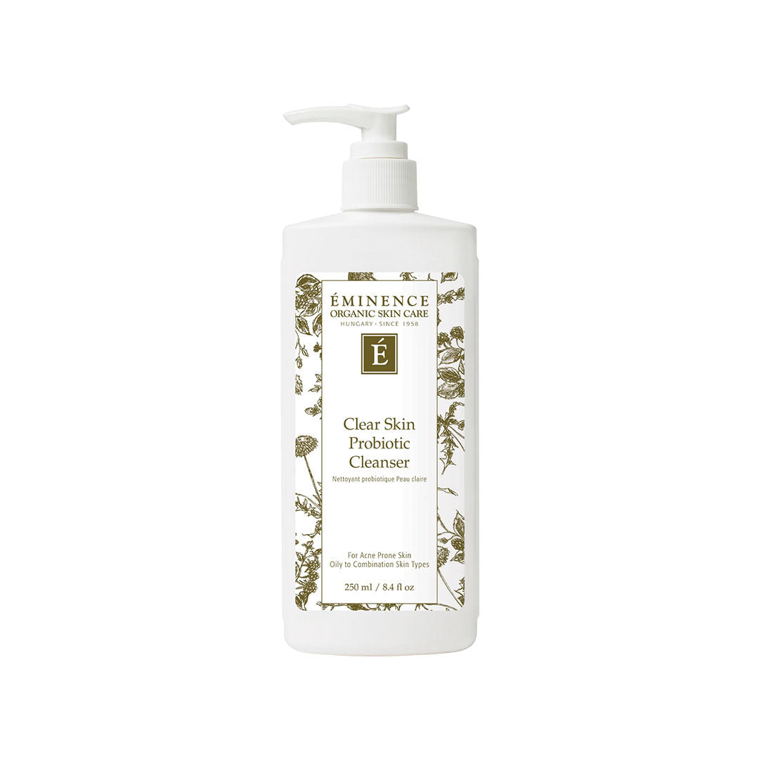 White 8.4 oz pump bottle of Eminence Clear Skin Probiotic Cleanser with botanical label design on white background.