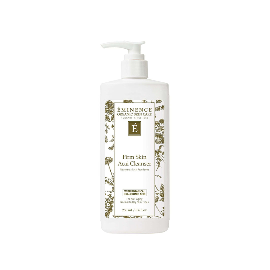 White 8.4 oz pump bottle of Eminence Firm Skin Acai Cleanser with botanical illustrations on the label.