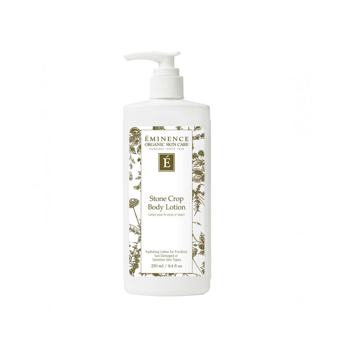 White 8.4 oz pump bottle of Eminence Stone Crop Body Lotion with botanical illustrations on the label.