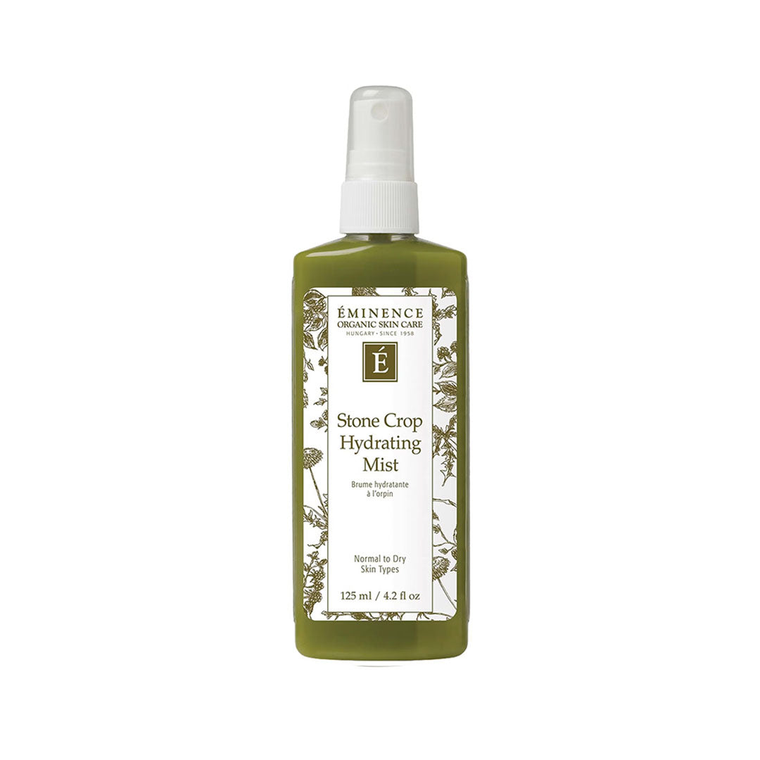 Eminence Stone Crop Hydrating Mist in a 125ml olive green spray bottle with a white label and botanical illustrations.
