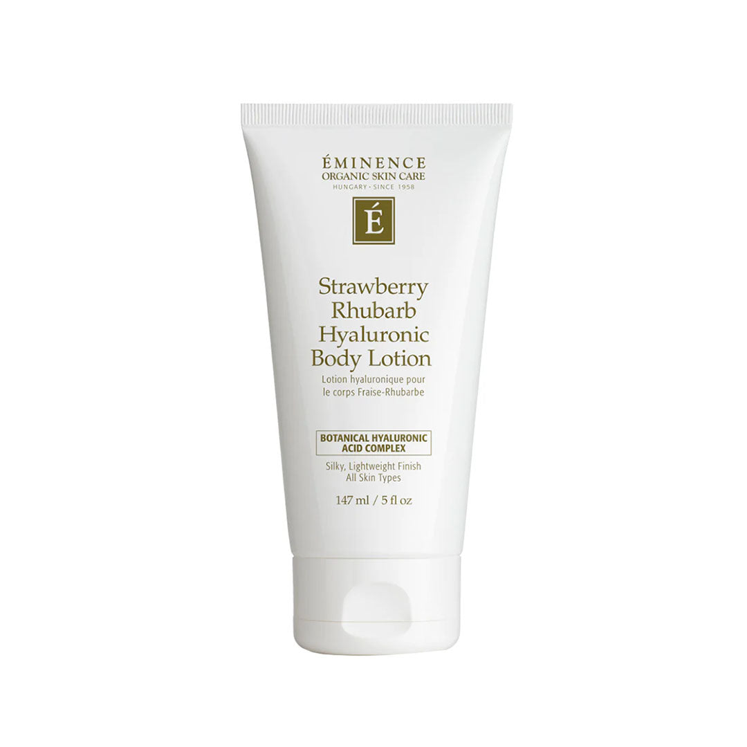 White 5 oz squeeze tube of Eminence Strawberry Rhubarb Hyaluronic Body Lotion with dark green text and branding.