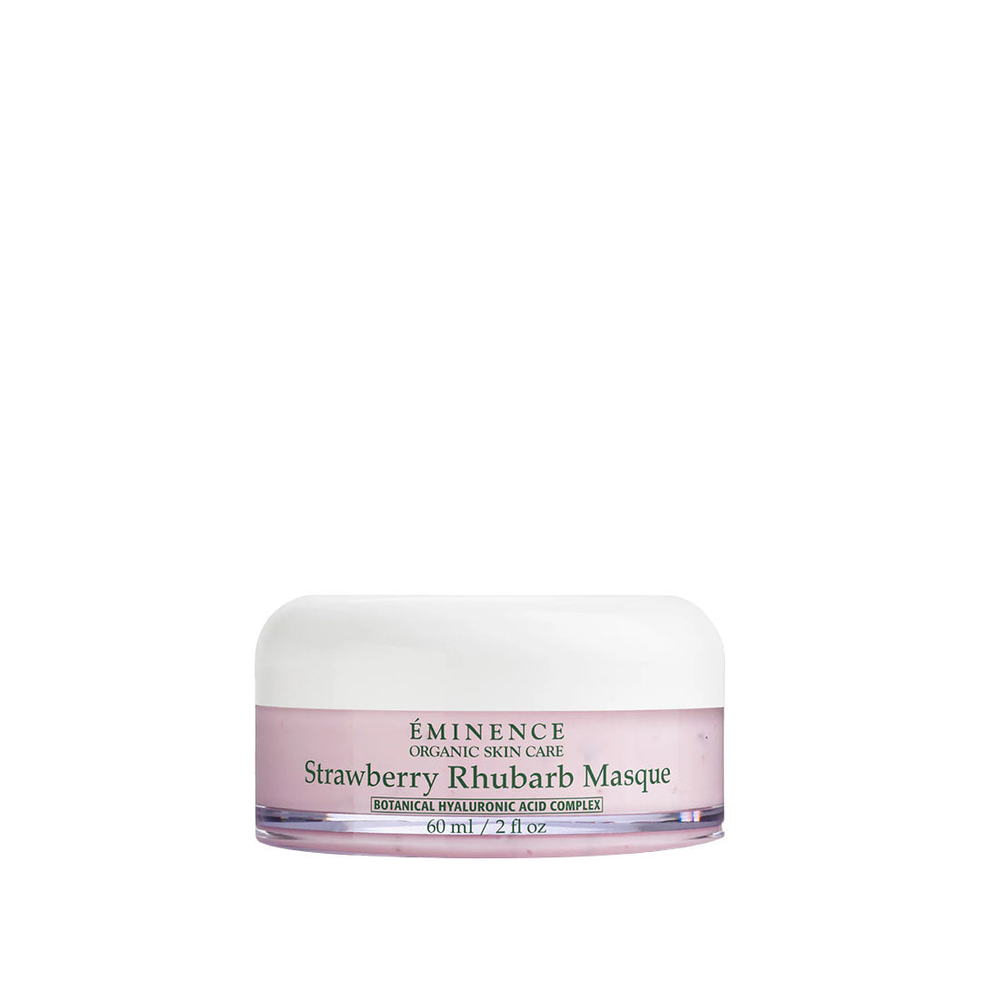 Eminence Strawberry Rhubarb Masque in a 2 oz pink jar with a white lid, featuring botanical hyaluronic acid complex.