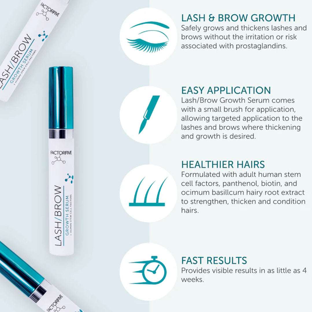 Lash and Brow Growth Serum bottle with natural ingredients for thicker lashes and brows