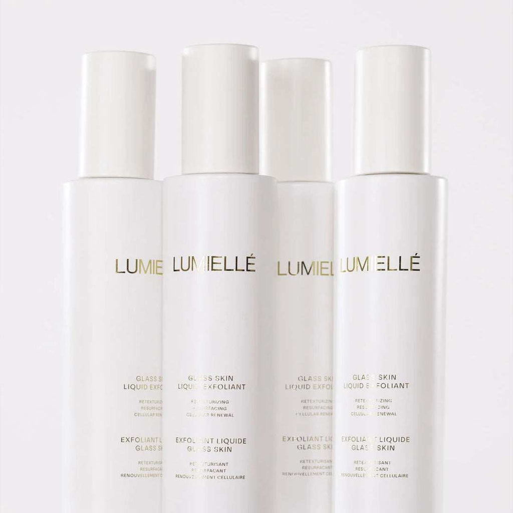 Glass Skin Liquid Exfoliant bottle with smooth skin background showcasing exfoliation benefits