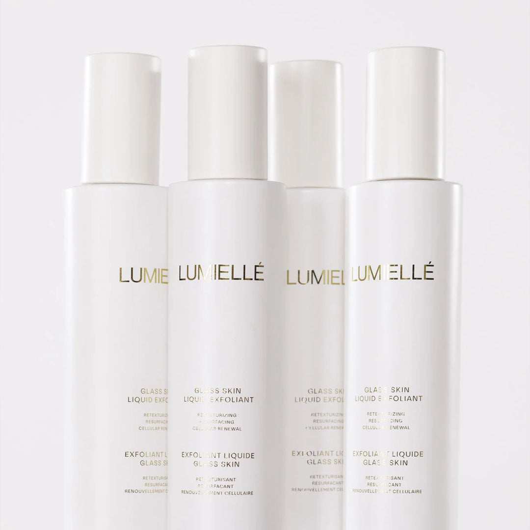 Glass Skin Liquid Exfoliant bottle with smooth skin background showcasing exfoliation benefits