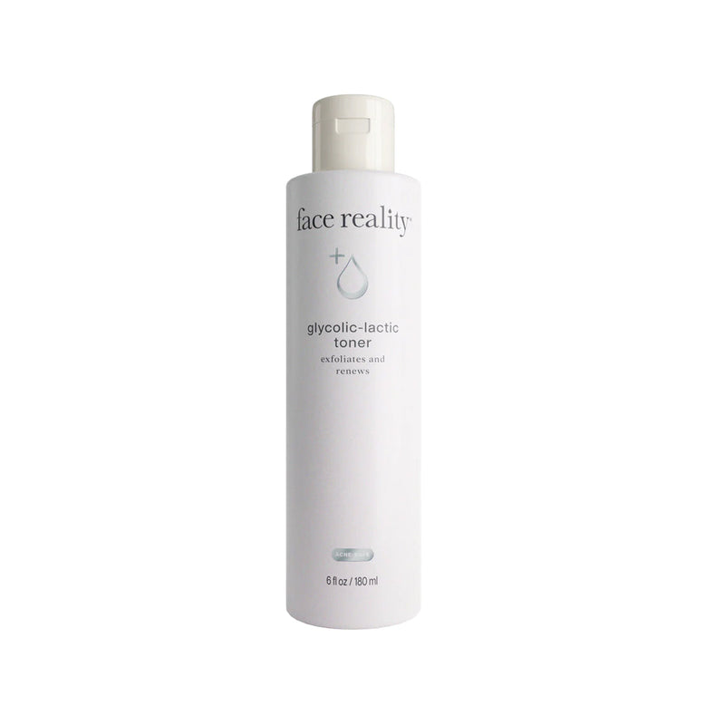 White 180ml bottle of Face Reality Glycolic Lactic Toner with a flip-top cap and minimalist black text on a white label.