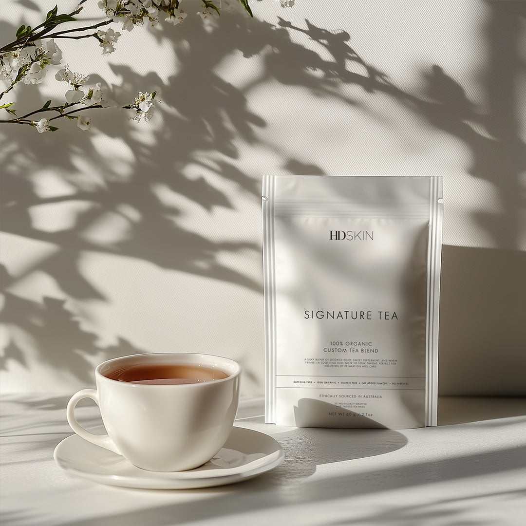 Box of Signature Tea Blend featuring peppermint, fennel, and liquorice root tea bags