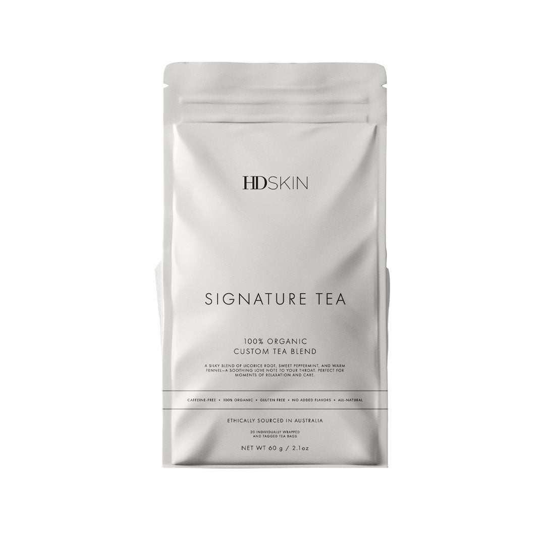 Signature Tea Blend box with 20 organic peppermint, fennel, and liquorice tea bags from HD Skin Dallas