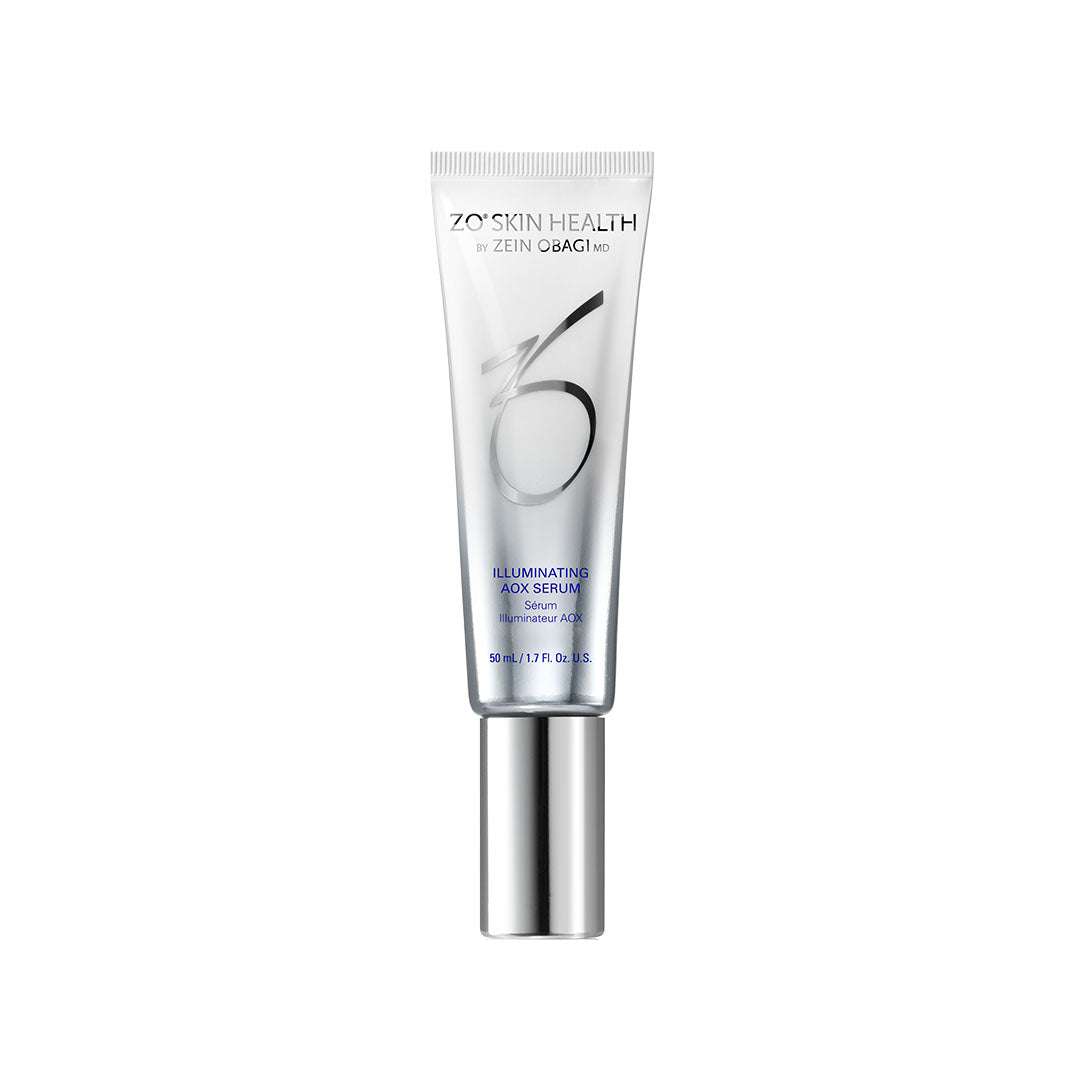 Illuminating AOX Serum bottle with glowing skin background and antioxidant protection concept