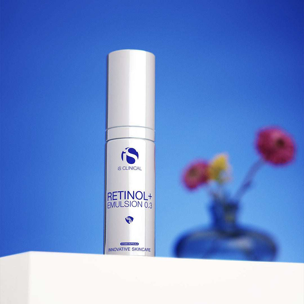 Retinol+ Emulsion 0.3 skincare bottle with botanical ingredients for anti-aging and radiant skin