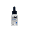Clear 1 fl oz glass dropper bottle of Mixi Dew Drop Hydrating Serum with a black cap against a white background.