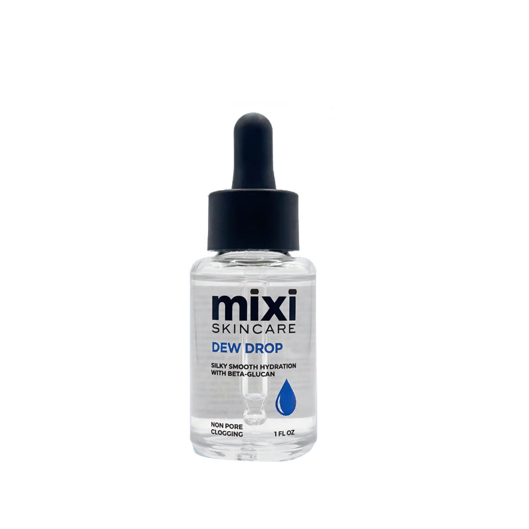 Clear 1 fl oz glass dropper bottle of Mixi Dew Drop Hydrating Serum with a black cap against a white background.