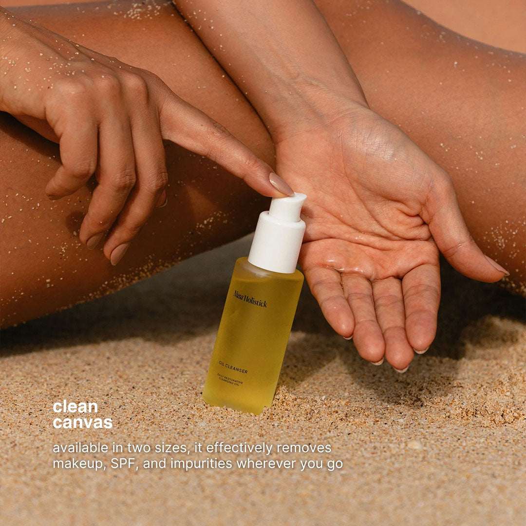 Daily Restorative Cleansing Oil bottle with natural fruit ingredients background