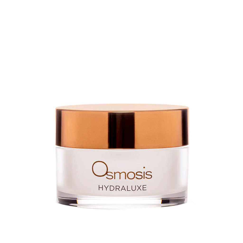 Osmosis Hydraluxe Mask in a clear glass jar with a metallic copper lid.