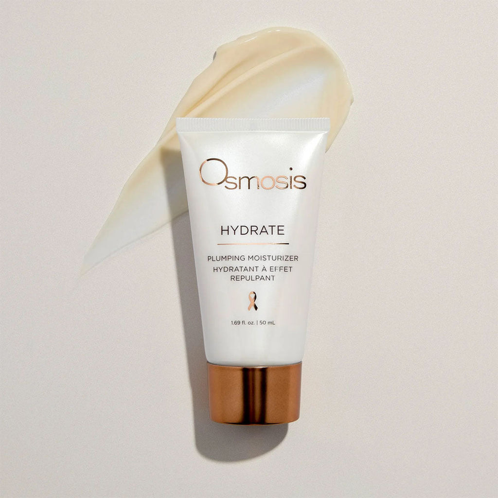 White Osmosis Hydrate Plumping Moisturizer tube with copper cap, a creamy swatch behind it.