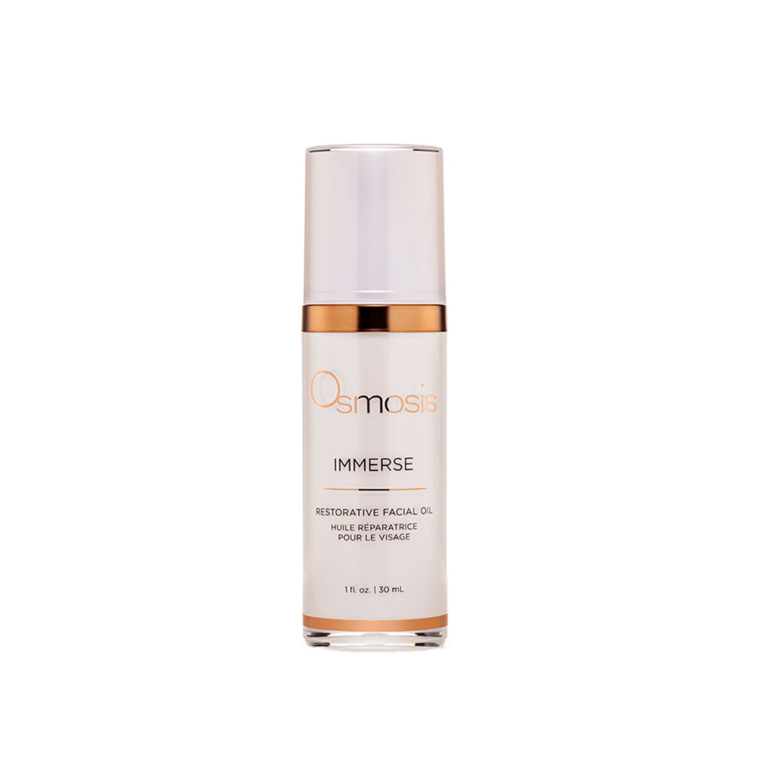 Bottle of Immerse Restorative Face Oil with natural calming and moisturizing properties for radiant skin