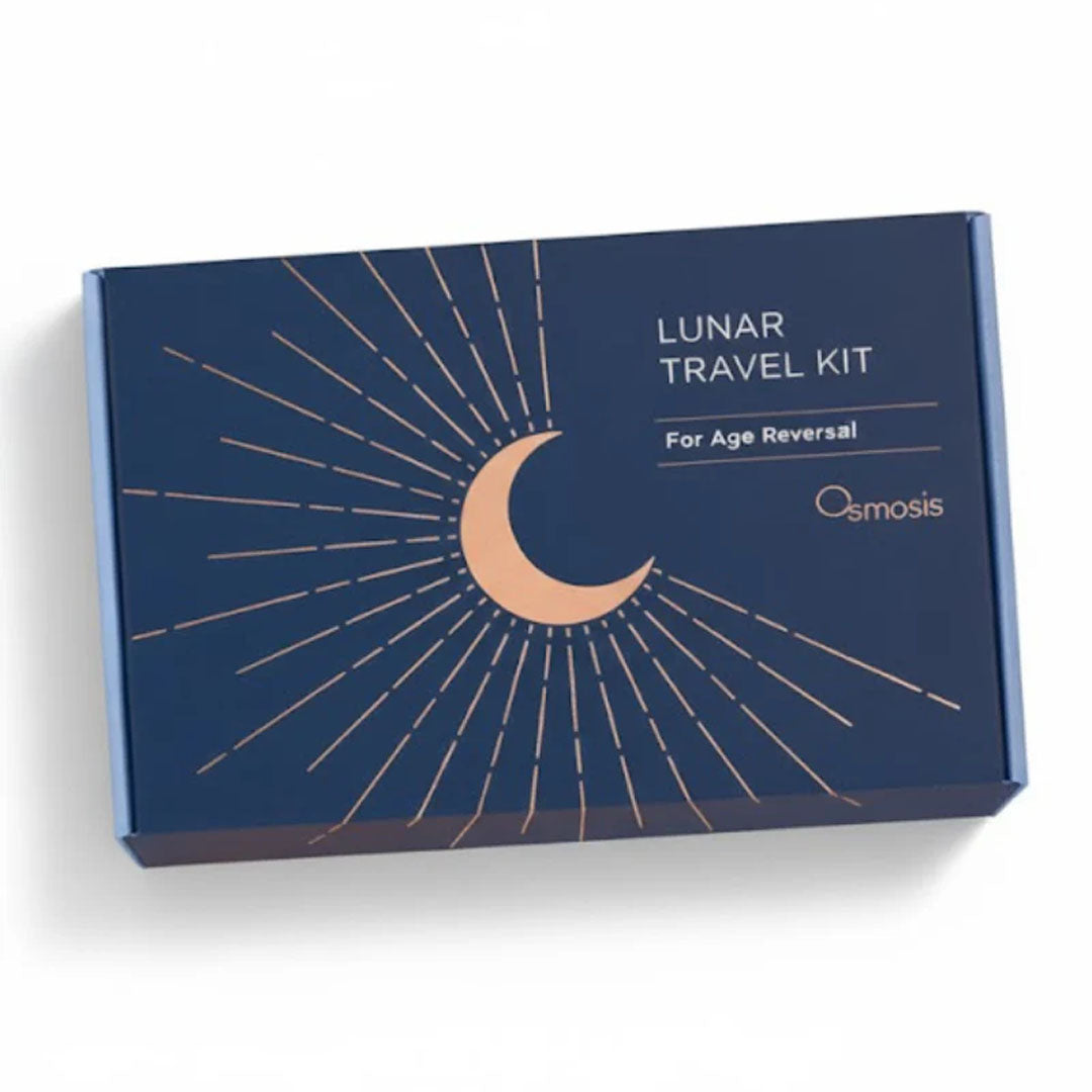 Dark blue Osmosis Lunar Travel Kit box with a copper crescent moon and sunburst design.