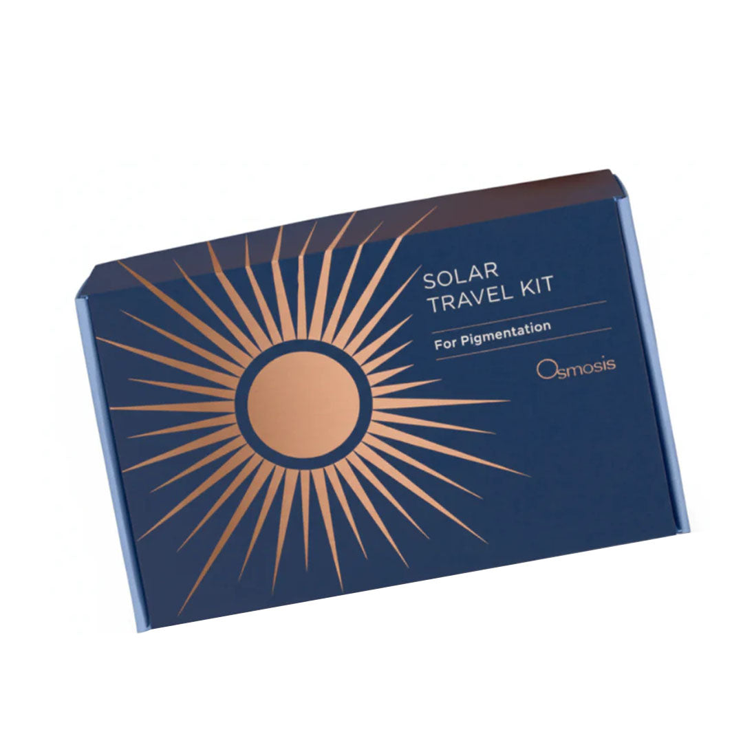 Osmosis Solar Travel Kit for Pigmentation: dark blue box with copper sun design and text.