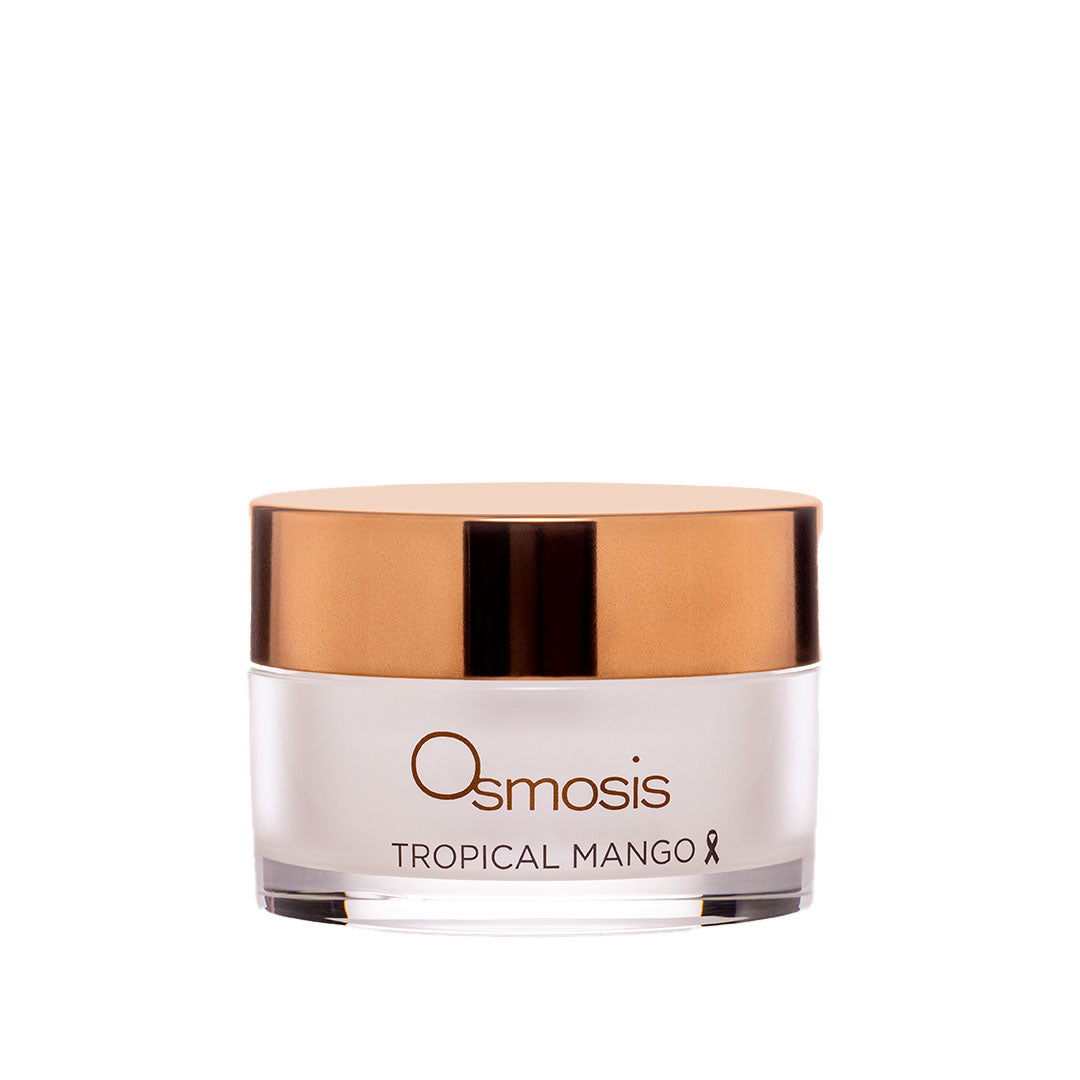 Tropical Mango Barrier Repair Mask jar with mango and avocado ingredients on tropical background