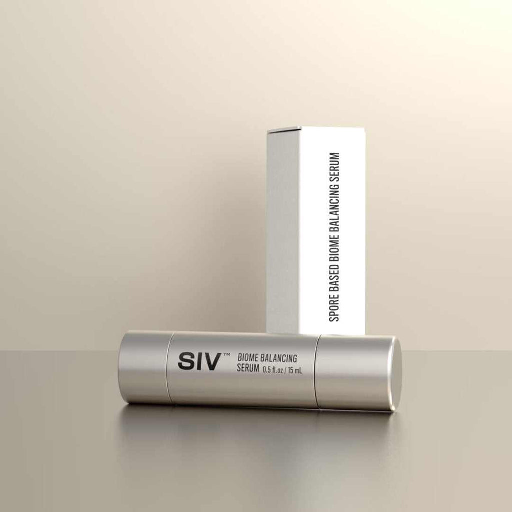 Bottle of SIV Biome Balancing Serum with natural spores for healthy skin microbiome balance
