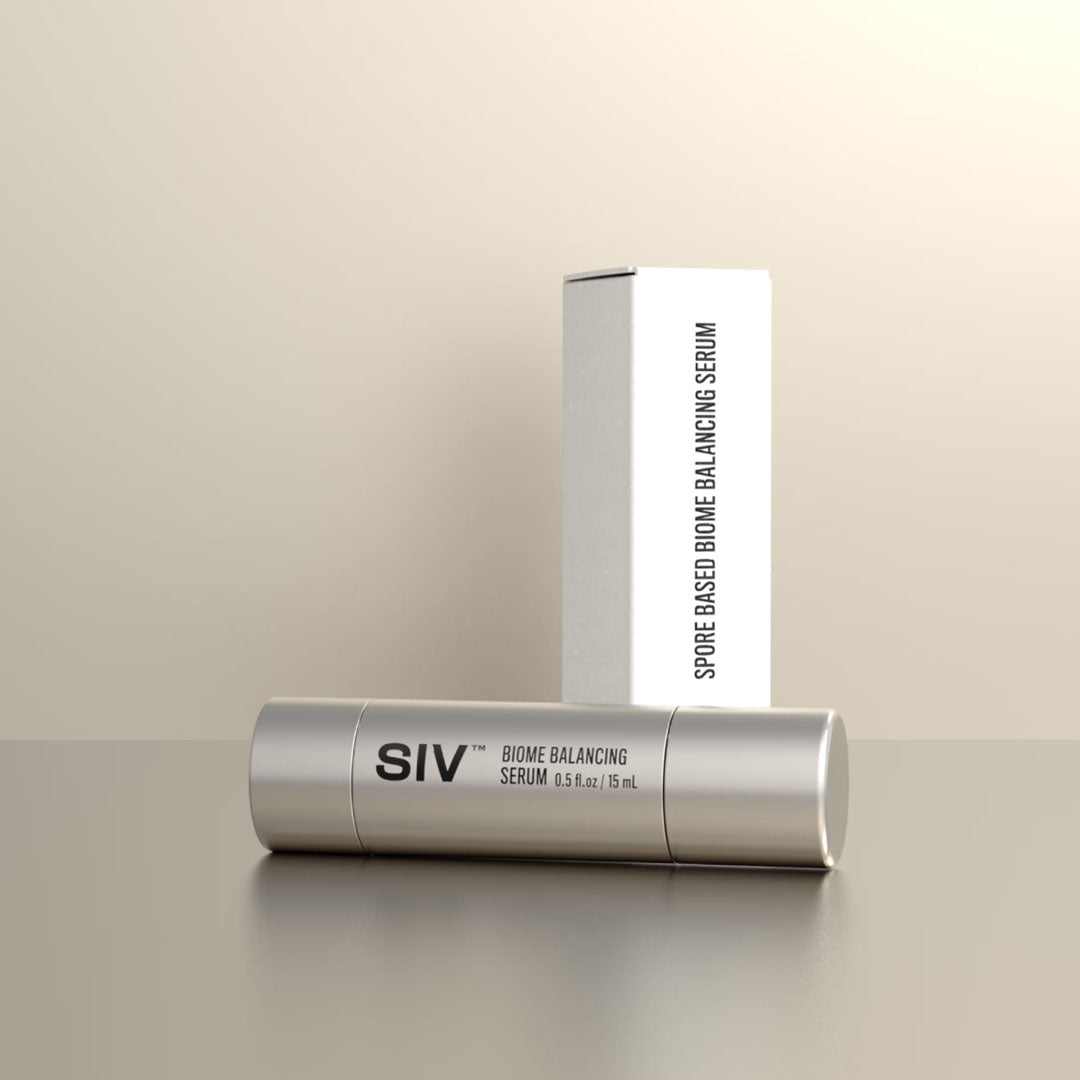 Bottle of SIV Biome Balancing Serum with natural spores for healthy skin microbiome balance