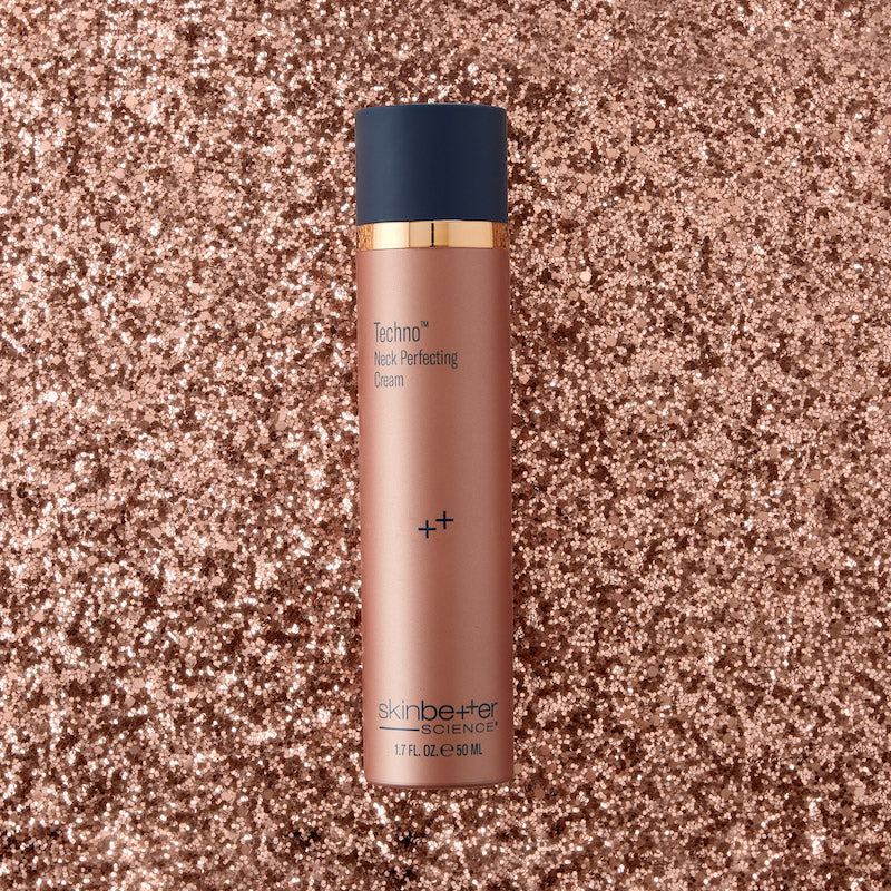 skinbetter techno neck perfecting cream pink glitter background