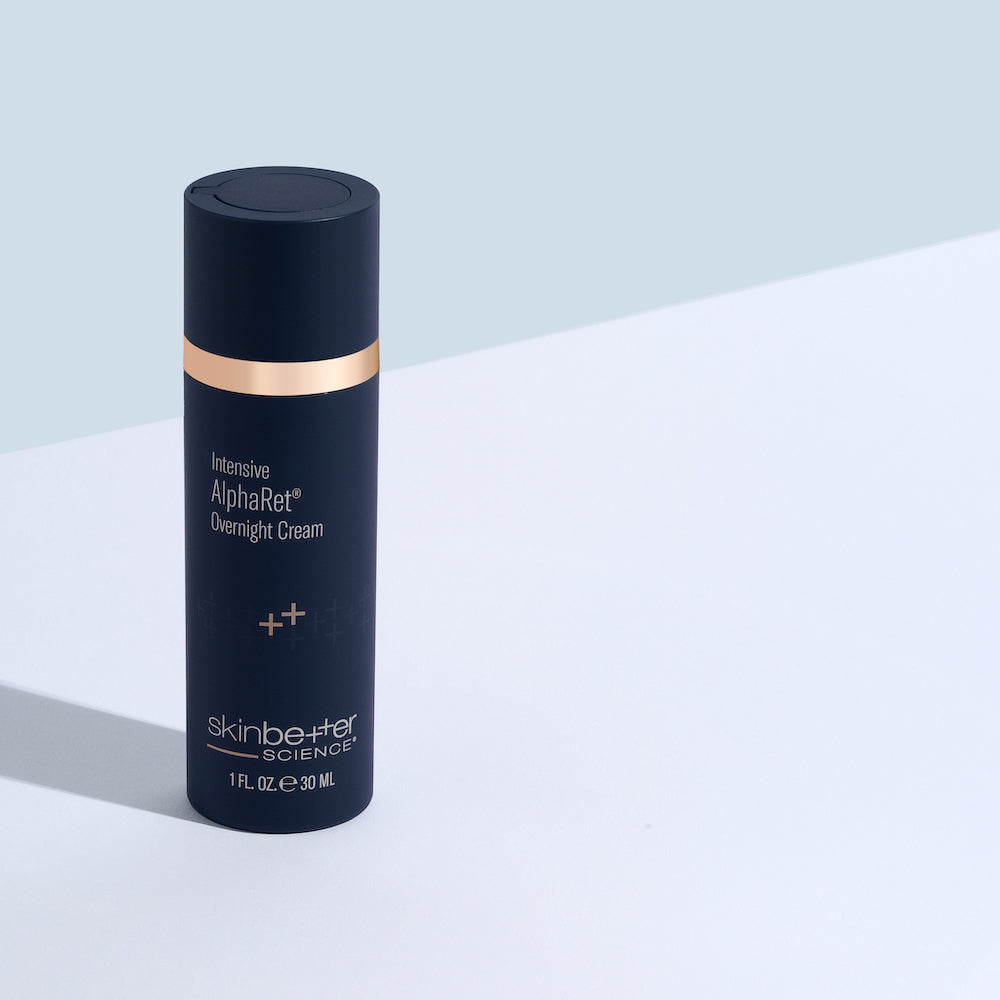 skinbetter intensive alpharet overnight cream small bottle on blue background