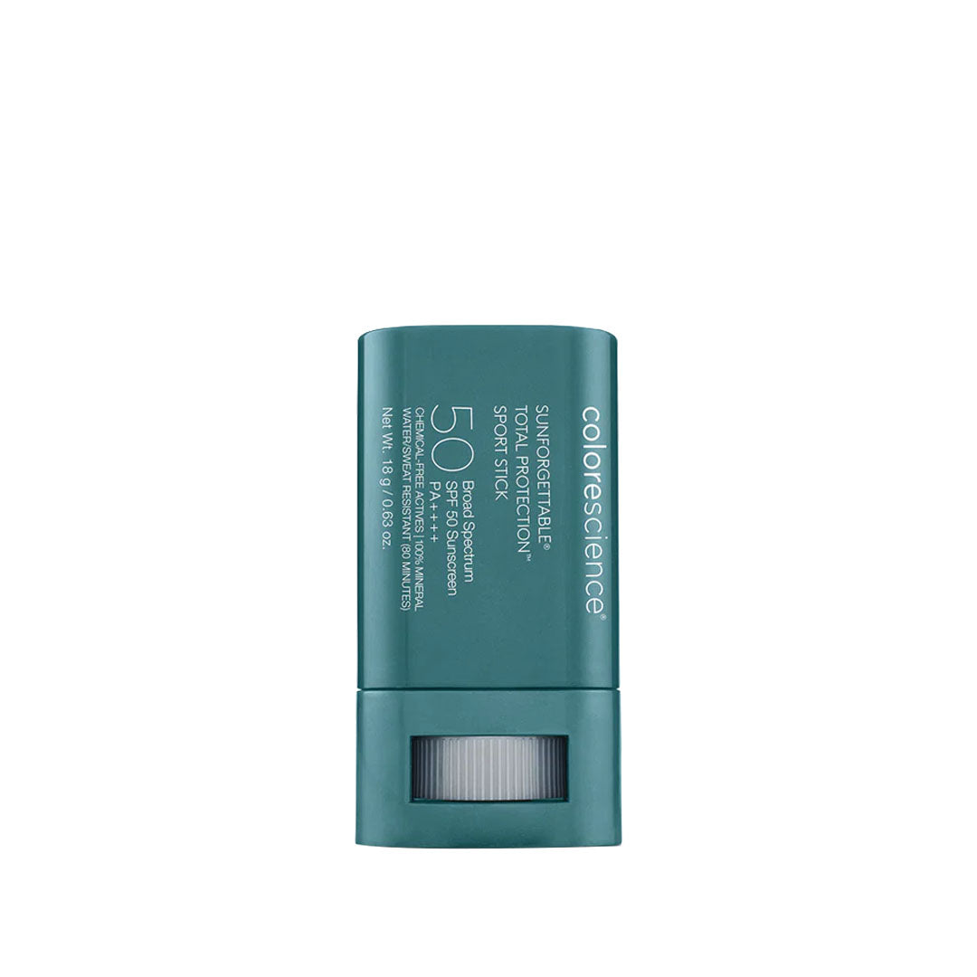 Teal Colorescience Sunforgettable Total Protection SPF 50 sport sunscreen stick in a compact twist-up tube.