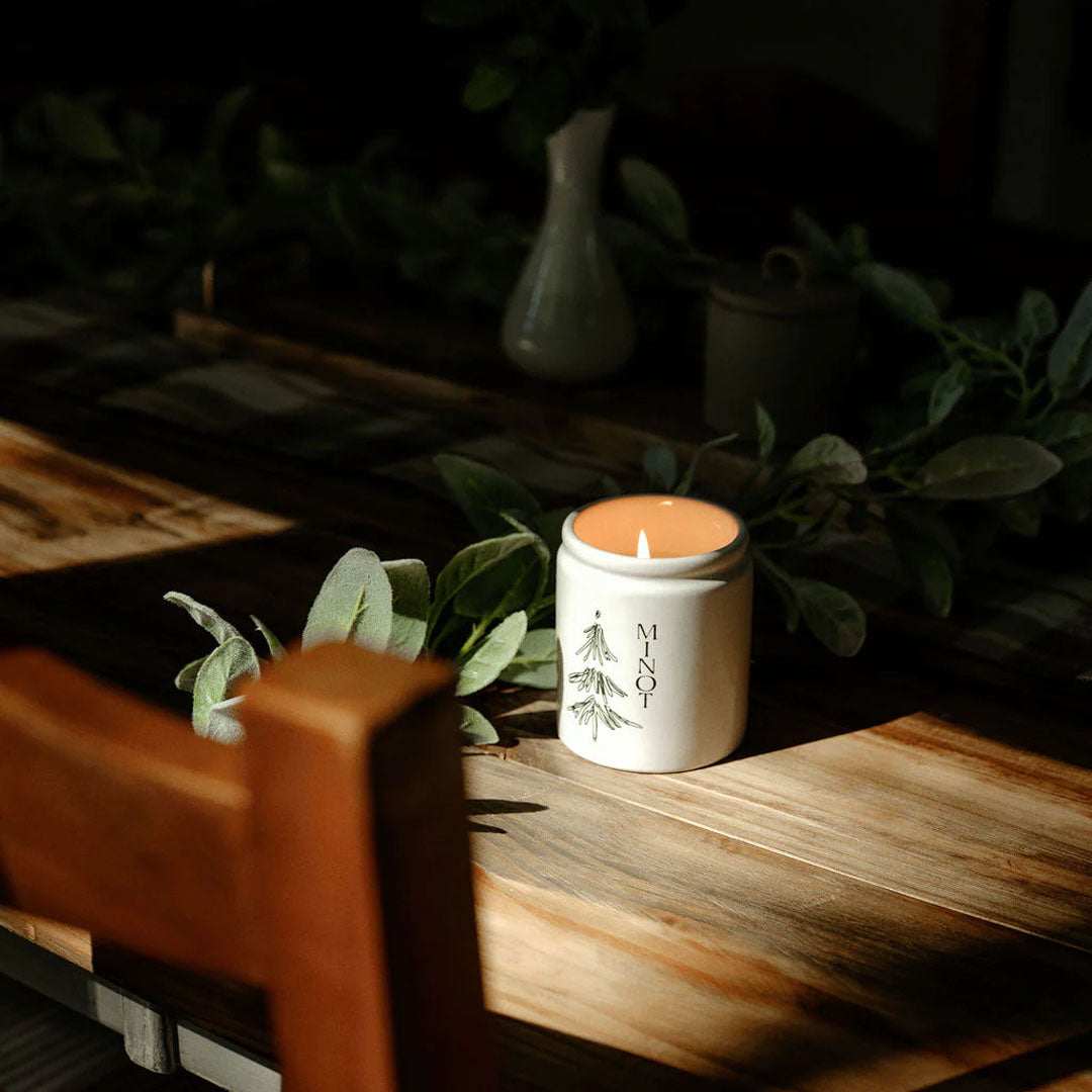 Under The Tree Candle with pine, fir, cedarwood, clove scent in gold-lid jar, 7 oz soy wax, 40+ hr burn time, eco-friendly and vegan.