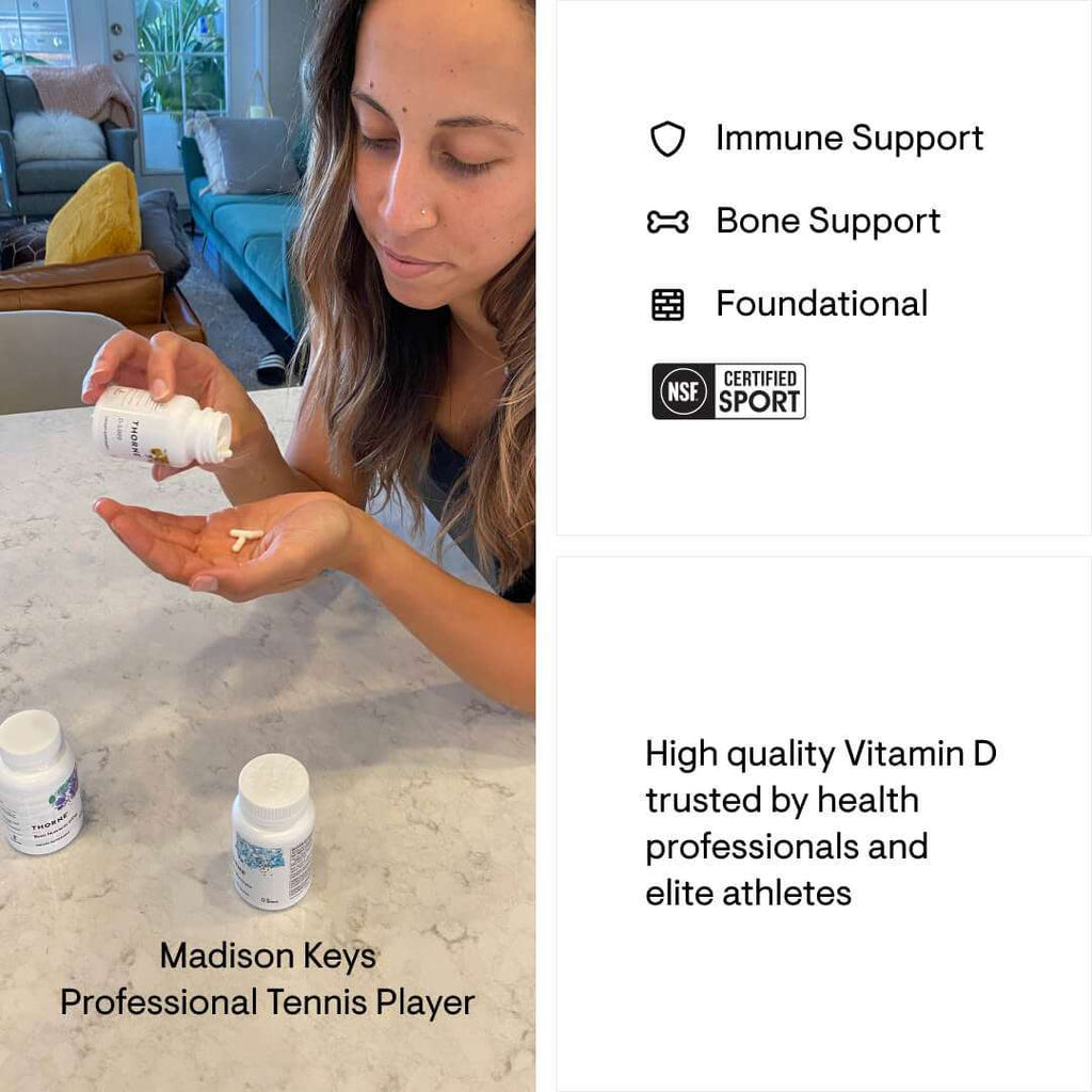 Bottle of Vitamin D-5,000 supplement, NSF Certified for Sport, supporting bone, muscle, cardiovascular, and immune health