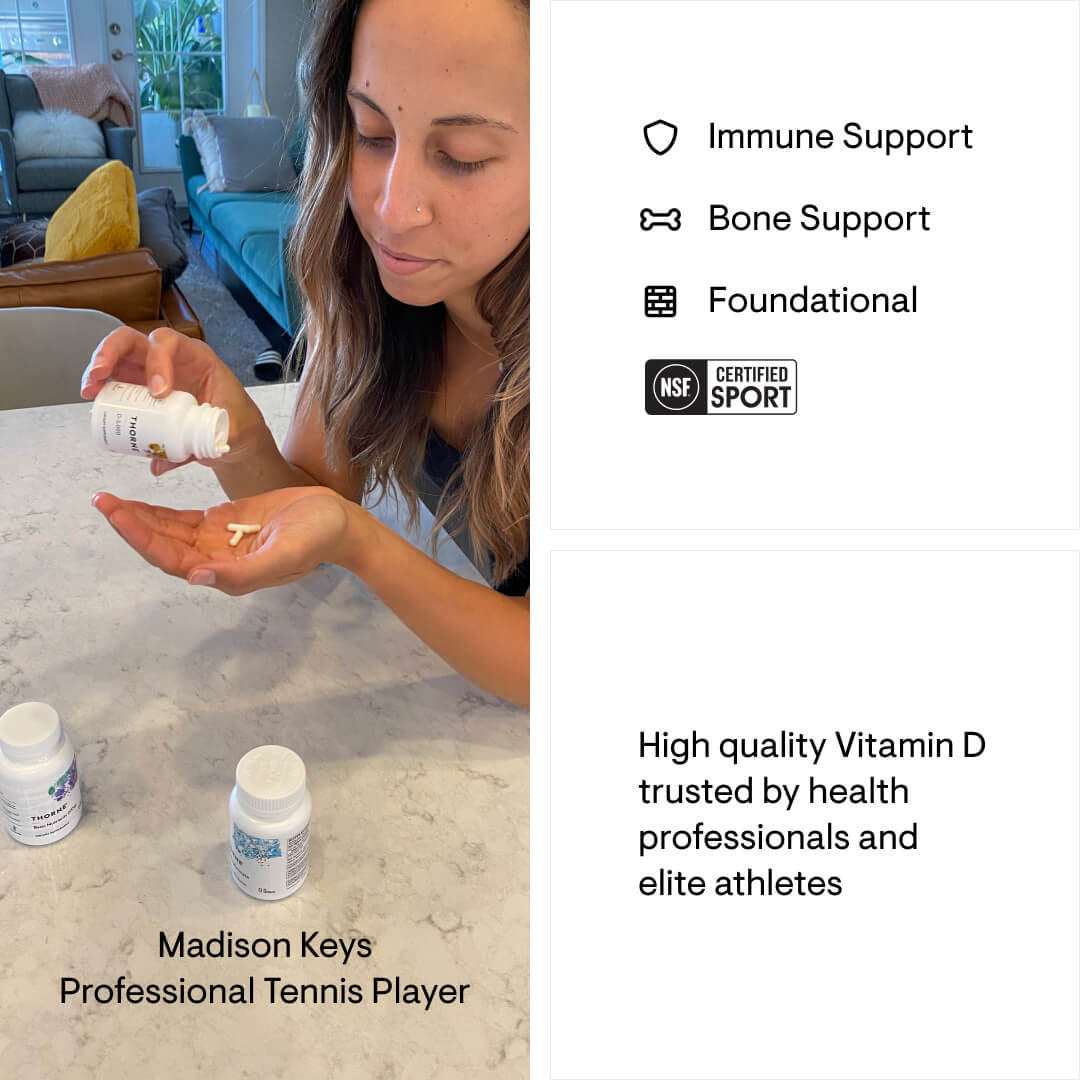 Bottle of Vitamin D-5,000 supplement, NSF Certified for Sport, supporting bone, muscle, cardiovascular, and immune health