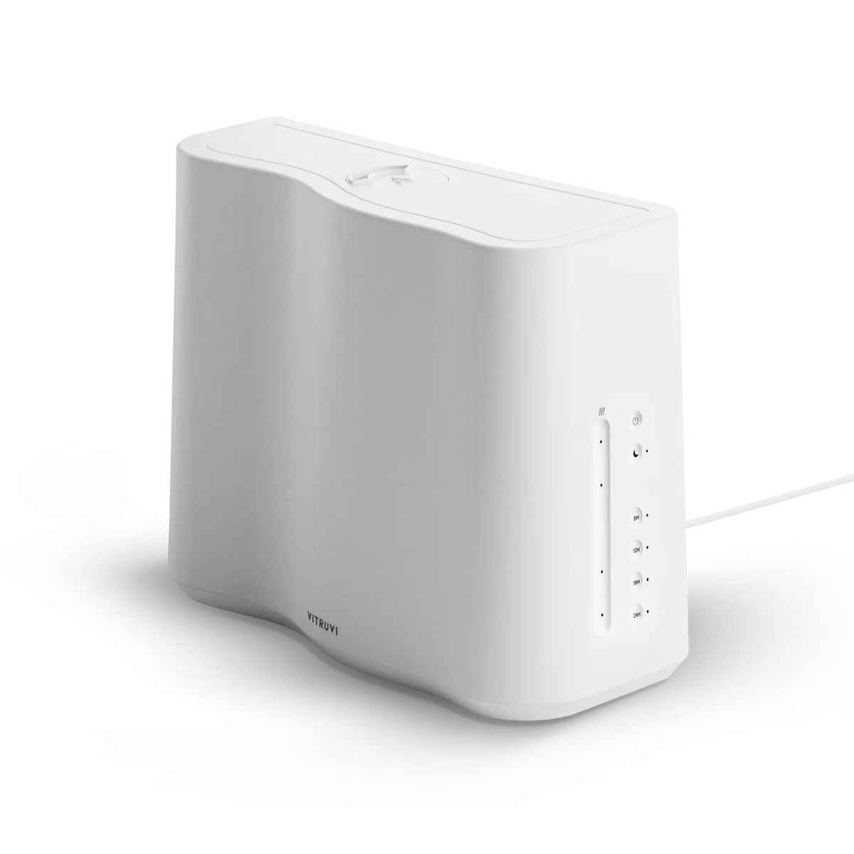 White Vitruvi Cloud Humidifier with sleek, compact design and control panel on the side.